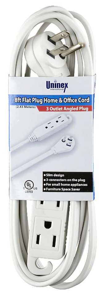 Organize your office or home with Uninex EC1606AUL extension cord. Space-saving flat angle plug, 3 outlets, and hanging hook reduce clutter. UL listed for safety.
