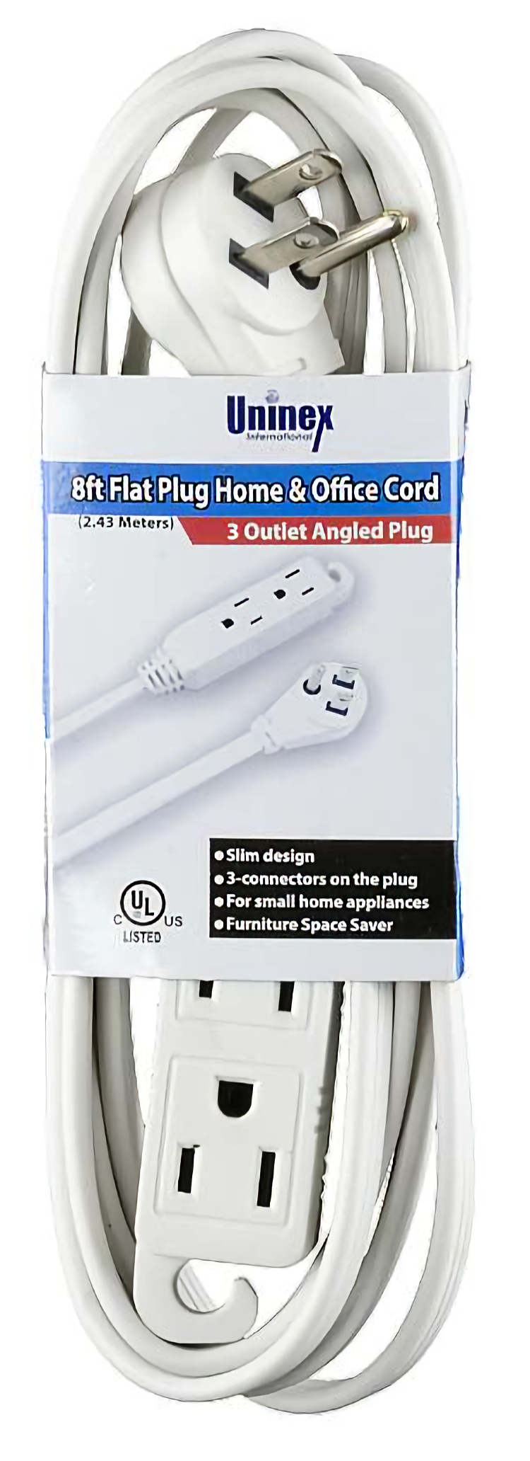 Organize your office or home with Uninex EC1606AUL extension cord. Space-saving flat angle plug, 3 outlets, and hanging hook reduce clutter. UL listed for safety.
