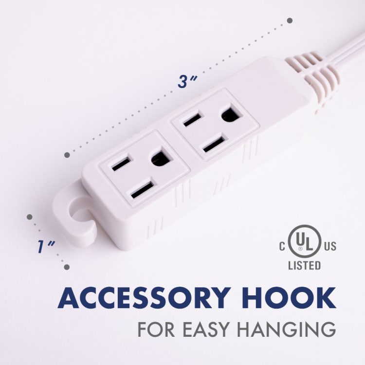 Organize your office or home with Uninex EC1606AUL extension cord. Space-saving flat angle plug, 3 outlets, and hanging hook reduce clutter. UL listed for safety Dimensions