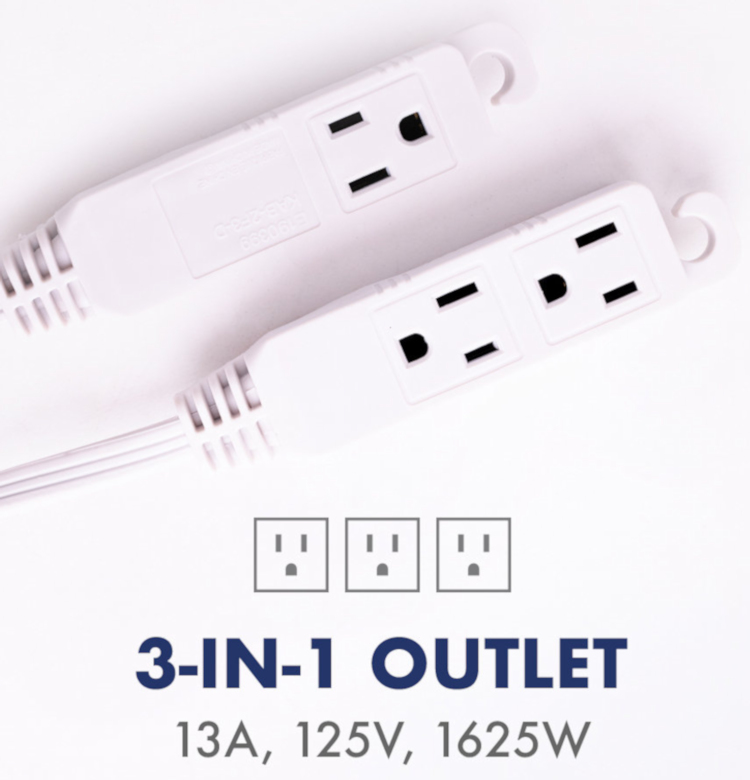 Organize your office or home with Uninex EC1606AUL extension cord. Space-saving flat angle plug, 3 outlets, and hanging hook reduce clutter. UL listed for safety 3-in1 Outlet