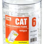 UNL CN-TB601, a high-quality RJ45 CAT6 connector. Gold-plated contacts for reliable data transmission. Perfect for CCTV and access control. Available in packs of 100.