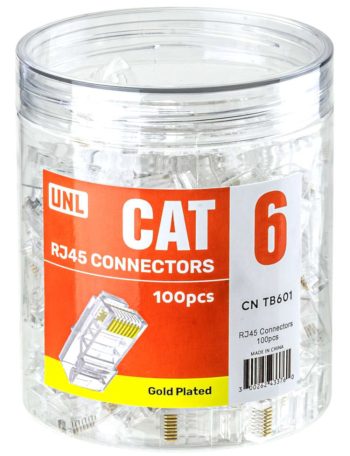 UNL CN-TB601, a high-quality RJ45 CAT6 connector. Gold-plated contacts for reliable data transmission. Perfect for CCTV and access control. Available in packs of 100.