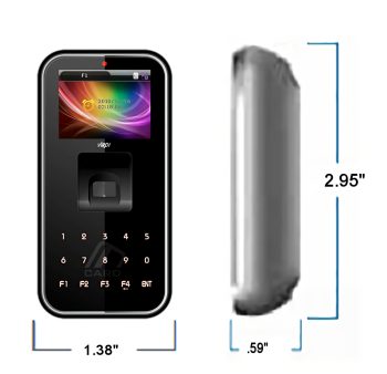 VIRDI DA-AC5000RF Fingerprint Scanner IP65-Rated Housing Customizable LCD LED Touch Keypad POE RF and Smart Card Support Patented Optical Sensor Tech Dimensions