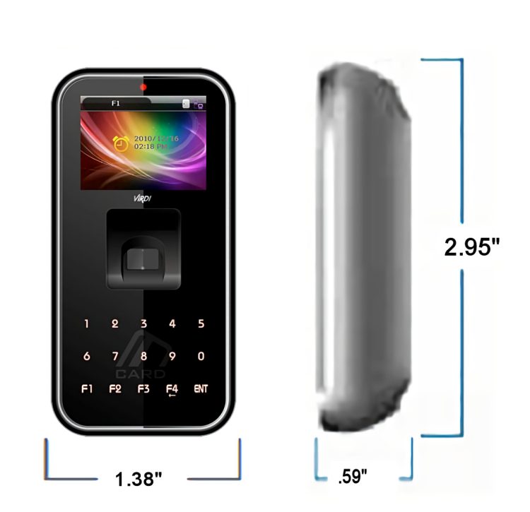 VIRDI DA-AC5000RF Fingerprint Scanner IP65-Rated Housing Customizable LCD LED Touch Keypad POE RF and Smart Card Support Patented Optical Sensor Tech Dimensions
