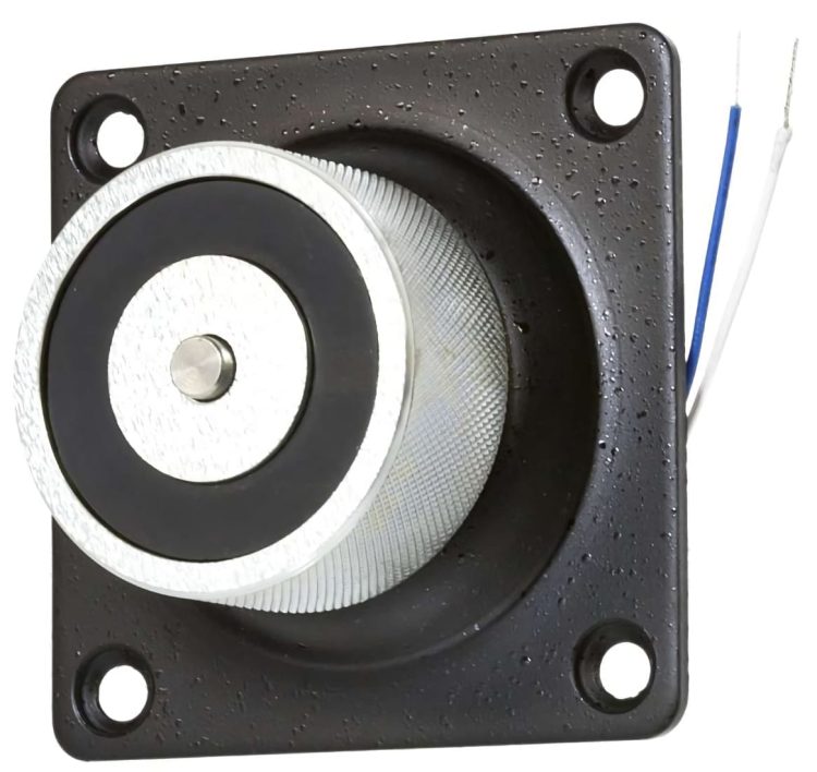 Virdi DA-BR-DH501 12 or 24VDC Electromagnetic Door Holder for Fire Escape Doors. Releases Armature Plate for Door Closer in Emergencies. Adjustable or Fixed Plate 100lbs Holding Force Angeled View