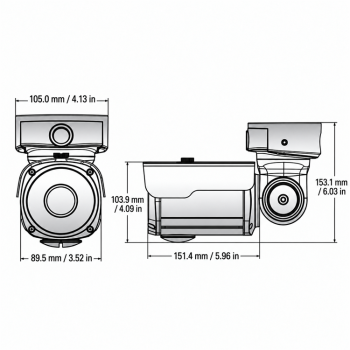 Eyemax UIR-M2342V-B EX-SDI IR bullet camera dimensions in millimeters and inches