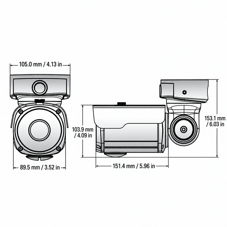 Eyemax UIR-M2342V-B EX-SDI IR bullet camera dimensions in millimeters and inches