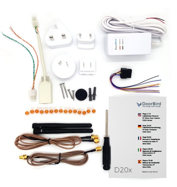 D20x Replacement Mounting Kit IP Video Door Stations is a comprehensive kit for replacing an existing door station and includes a Power supply, screws, antennas, antenna cables and a nameplate with smal