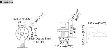 Hikvision DS-1473ZJ-155-Y Wall Mounting Bracket for iDS-2CD75xxG0-IZHSY Dimensions.