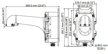 JBPW-L-G PTZ WALL MOUNT WITH JUNCTION, BOX FOR G3/4 CONDUIT—GRAY Dimensions