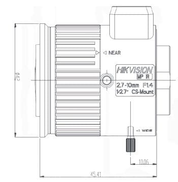 The Hikvision TV2710D-MPIR CS-Mount 2.7-10mm Varifocal Lens is perfect for 3MP cameras with 1/2.7" sensors. IR corrected, DC auto IRIS, f/1.4 to closed aperture Ø6.5mm Dimensions.