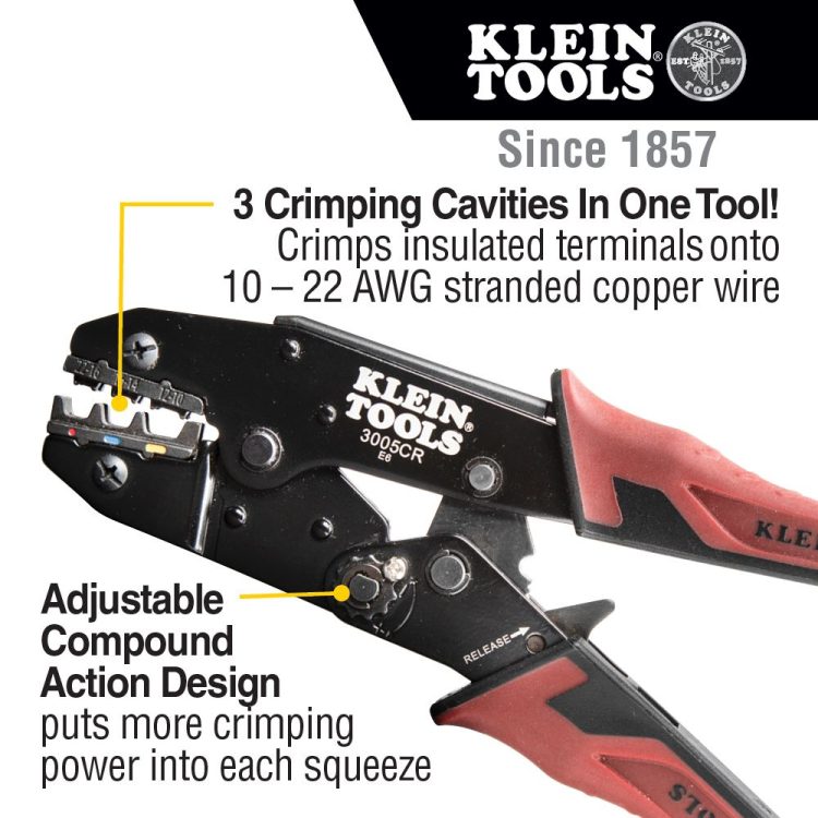 Effortlessly crimp 10-22 AWG insulated wire terminals with the Klein Tools 3005CR Ratcheting Crimper. Color-coded markings and a built-in ratchet ensure a perfect crimp every time. Say goodbye to hand fatigue with its comfortable grip and powerful lever-action design.