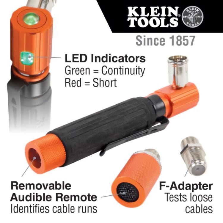 Efficiently test coaxial cables with the VDV512-007 from Klein Tools. Audible and LED indicators confirm continuity and short's Datasheet.Efficiently test coaxial cables with the VDV512-007 from Klein Tools. Audible and LED indicators confirm continuity and short's.