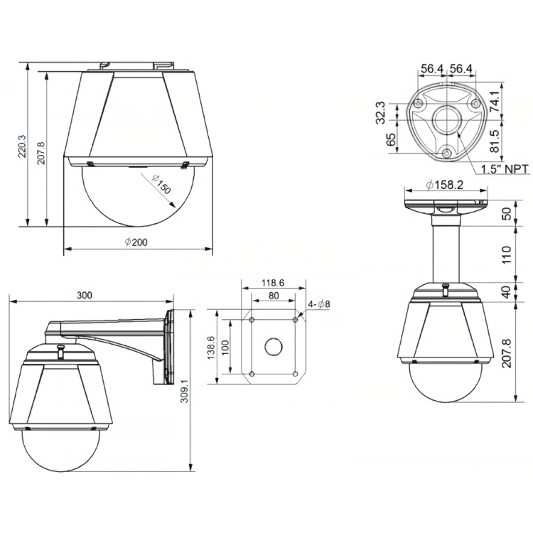 Eyemax UPT-1330 PTZ camera wall and ceiling mount dimension