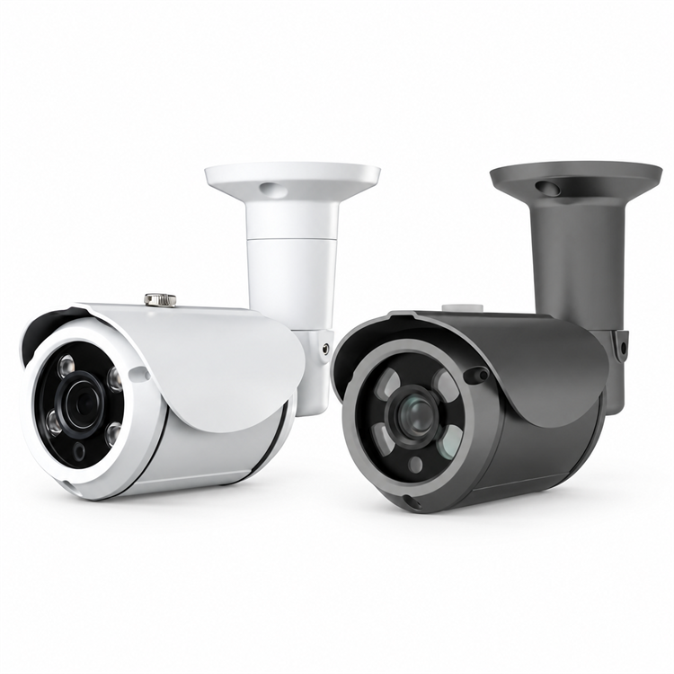 Eyemax NIR-P4222 outdoor camera in white and black, front three-quarter view