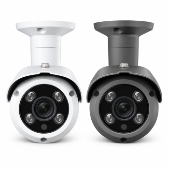 Eyemax NIR-P4222 white and black outdoor bullet cameras, front view