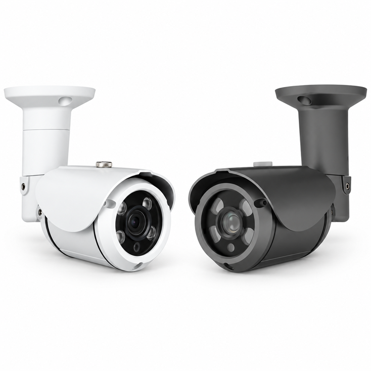 Eyemax NIR-P4222 white and black outdoor bullet cameras, side view