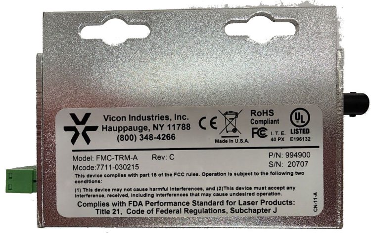 Upgrade your video network with Vicon Industries FMC-TRM-A, a 2-port mini fiber-optic media converter for extending range and 100 Mbps transmission.