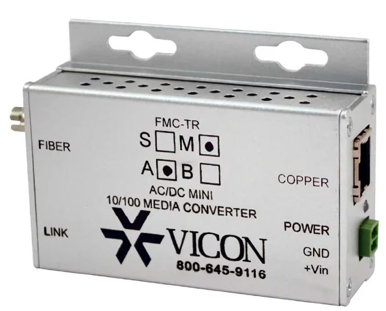 Upgrade your video network with Vicon Industries FMC-TRM-A, a 2-port mini fiber-optic media converter for extending range and 100 Mbps transmission.