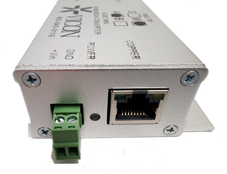 Upgrade your video network with Vicon Industries FMC-TRM-A, a 2-port mini fiber-optic media converter for extending range and 100 Mbps transmission.