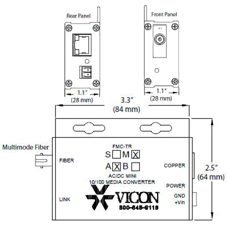 Upgrade your video network with Vicon Industries FMC-TRM-A, a 2-port mini fiber-optic media converter for extending range and 100 Mbps transmission.