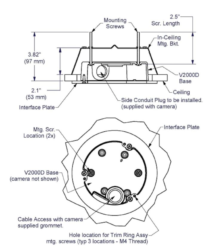 V2000D-ICH In-Ceiling Mounting Kits for the V2000D Dome Cameras Installed Position
