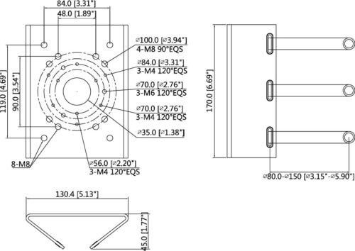 Silver Dahua Technology PFA150-SG Pole Mount Bracket Dimensions
