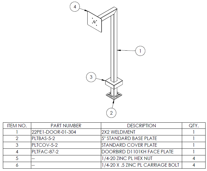 22PE1-DOOR-01-304 DoorBird pedestal parts diagram