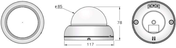 Eyemax UDM-202-B36 2MP 1080p Indoor Dome EX-SDI Camera: 3.6 mm, 12v DC, CVBS, Dimensions