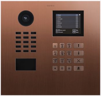 Experience ultimate security and convenience with the DoorBird D21DKH bronze-finish PVD-coated stainless-steel IP video intercom system. Perfect for multi-tenant buildings with advanced features like motion sensors, night vision, and smartphone compatibility. Choose from various materials and finishes for a weather-resistant design.