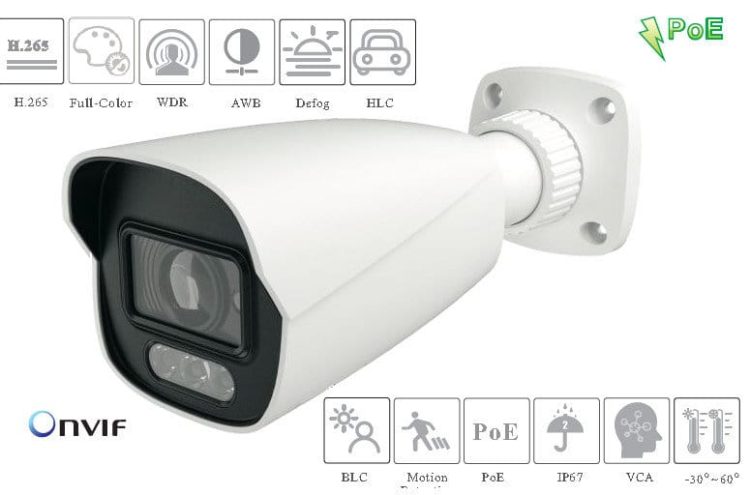 NCR-C5632-W28 5MP Full-Color Bullet Network Camera 3D DNR, True WDR, HLC, BLC, Defog, And ROI Coding, 1CH Audio Input, Built-In Micro SD Card Slot Up To 256 GB, DC12V POE Power Supply, IP 67 Ingress Protection