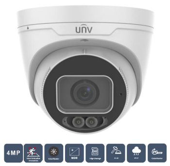 Uniview ColorHunter 4 Megapixel turret IP outdoor network turret IP camera delivers vivid 24/7 full-color video, WDR, PoE, and IP67/IK10 protection.