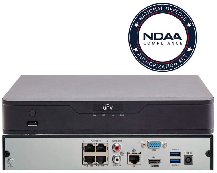 Uniview UNV NVR301-04X 4-channel 4K NVR with Ultra 265, NDAA compliance, ONVIF support, and efficient storage.