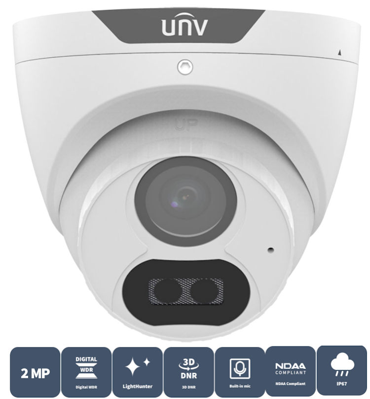 Uniview UAC-T122-AF28M, part of the specialized Whale Series. This 2MP outdoor camera delivers reliable 1080p HD video and features a built-in microphone, dual white-light spotlights, and advanced technology for clear visibility day and night. With multi-format output and an IP67 rating, it's compatible and durable for any environment. Invest in peace of mind with the Uniview UAC-T122-AF28M.