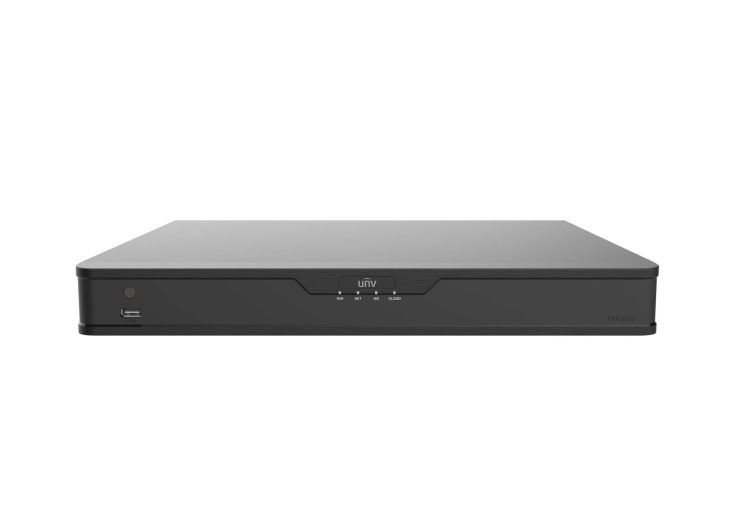 Uniview XVR302-16Q3 16 BNC and 24 IP Video Inputs 8MP HD-CVI TVI AHD 8 TB HDD 10 100 1000M NIC 1U Rack mountable NDAA Compliant Front View