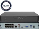 Uniview NVR301-08X-P8 8-channel 4K NVR with 8 PoE ports, 64 Mbps bandwidth, ONVIF support, and smart analytics.