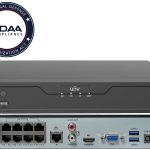 Uniview NVR301-08X-P8 8-channel 4K NVR with 8 PoE ports, 64 Mbps bandwidth, ONVIF support, and smart analytics.
