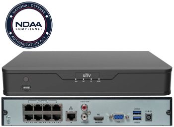 Uniview NVR301-08X-P8 8-channel 4K NVR with 8 PoE ports, 64 Mbps bandwidth, ONVIF support, and smart analytics.