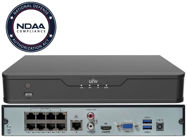 Uniview NVR301-08X-P8 8-channel 4K NVR with 8 PoE ports, 64 Mbps bandwidth, ONVIF support, and smart analytics.