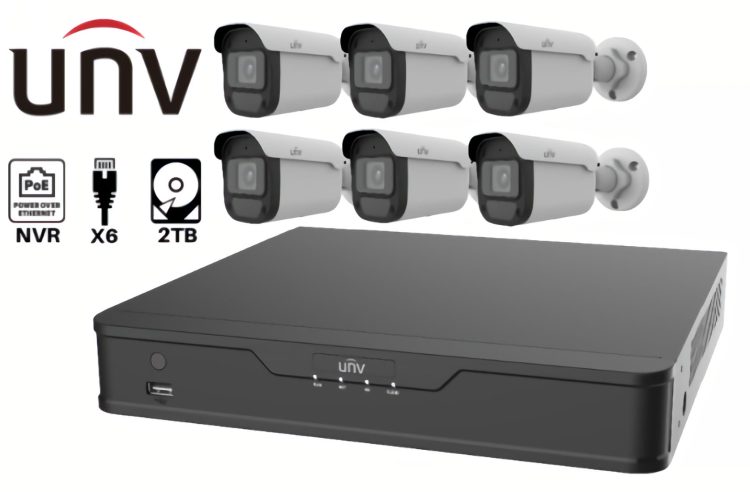 Uniview EK-X1P8B46T2 8Ch NVR301-08S3-P8 6 EC-B4F28 4MP IP Camera System with 2TB HDD. Plug and play with built-in PoE. Ultra 265, H.265, H.264, MJPEG, Ik10; 6x IPN-60