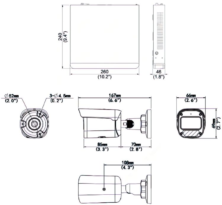 Uniview EK-X1P8B46T2 8Ch NVR301-08S3-P8 6 EC-B4F28 4MP IP Camera System with 2 TB HDD. Plug and play with built-in PoE. Ultra 265, H.265, H.264, MJPEG, Ik10; 6x IPN-60 Dimensions.