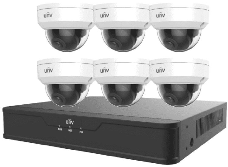 Uniview EK-X1P8D46T2 has 6 cameras that can record video, including Ultra 265, H.265, H.264, and a 2 TB hard drive. The camera is protected by IP67, IK10, and the NDAA.