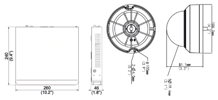 Uniview EK-X1P8D46T2 has 6 cameras that can record video, including Ultra 265, H.265, H.264, and a 2 TB hard drive. The camera is protected by IP67, IK10, and the NDAA Dimensions