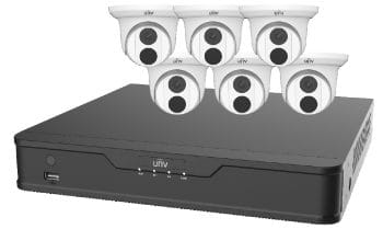 Uniview EK-X1P8T46T2 8 Channel NVR Ultra 265 H.265 H.264 MJPEG IK10 vandal resistant IP67 Ingress Protection. Get it with 2 TB HDD 6 x 4MP Turret IP Cameras.