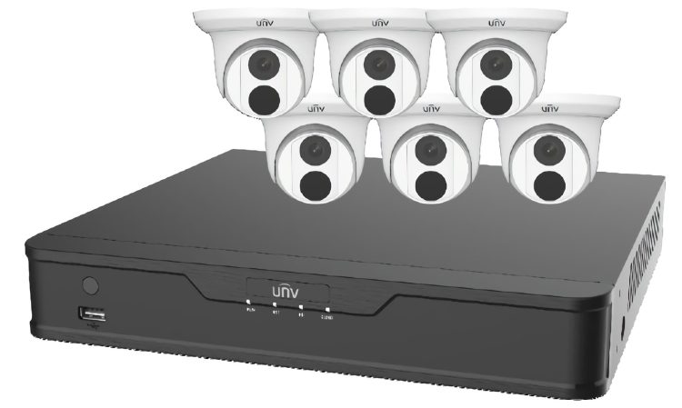 Uniview EK-X1P8T46T2 8 Channel NVR Ultra 265 H.265 H.264 MJPEG IK10 vandal resistant IP67 Ingress Protection. Get it with 2 TB HDD 6 x 4MP Turret IP Cameras.