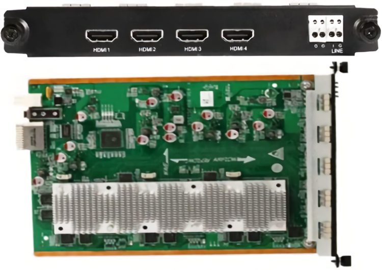 Uniview FB-HDMI4-C 4 Channel HDMI at up to 4K (3840×2160) resolution H.265 and H.264 video formats Decoder Card Up to 8×4K@30, 16×4MP@30, 32×1080P@30, 64×720P recording, 1, 3, 4, 5, 6, 7, 8, 9, or 16 multi-window Top View.
