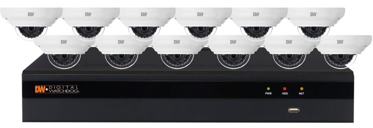 The DW-VP16V7BUN212 is a 16-channel DW-VG4162T16P NVR with a 2TB hard drive and 12 DWC-MV72Di28T outdoor dome IP security cameras.