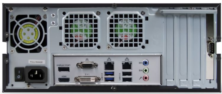 Rear-panel view of the ExacqVision 0804-02T-DTAL-E hybrid desktop recorder