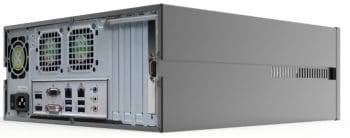 ExacqVision 0804-02T-DTAL, a powerful hybrid desktop recorder with 2 TB storage, 4 IP camera licenses, and 8 analog cameras. Includes pre-installed software, 3-year upgrades, and a hardware warranty. Trust Collsam Distribution for all your TYCO ExacqVision requirements Left View