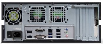 ExacqVision 0804-02T-DTAL, a powerful hybrid desktop recorder with 2 TB storage, 4 IP camera licenses, and 8 analog cameras. Includes pre-installed software, 3-year upgrades, and a hardware warranty. Trust Collsam Distribution for all your TYCO ExacqVision requirements Rear View.